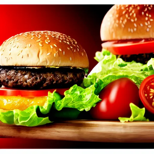 Prompt: a beautiful color - full flying ( ( ( double cheese burger ) ) ) juicy meat, sweaty salad and tomato, neutral background, tv advertisement video shot style, tv, ad, advertisement, tv spot, tv grain, tv colors