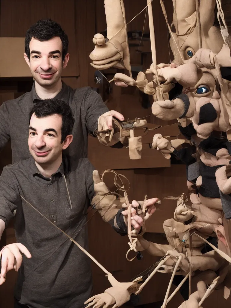 Prompt: close up photograph of nathan fielder behind a puppet stage controlling a marionette by the strings, high detail, 8 k, photorealism, sharp focus, volumetric lighting