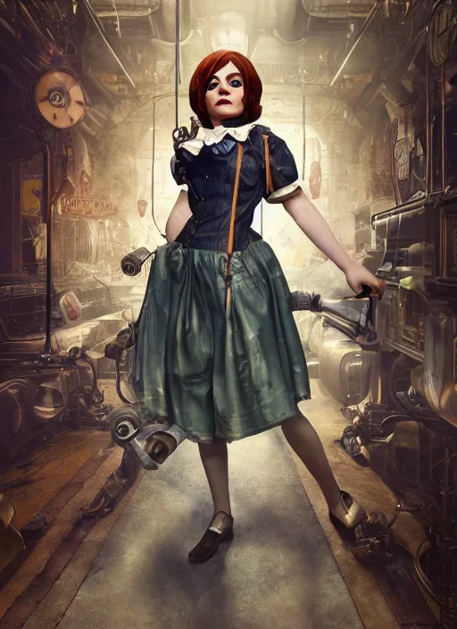 Image similar to Bioshock steampunk Emma Stone, au naturel, hyper detailed, digital art, trending in artstation, cinematic lighting, studio quality, smooth render, unreal engine 5 rendered, octane rendered, art style by klimt and nixeu and ian sprigger and wlop and krenz cushart