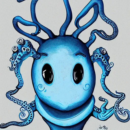 Image similar to character design of an adorable baby faced alien with tentacles on the sides of it's mouth, blue, tiny horns