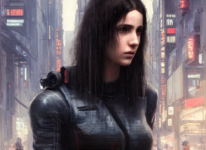 Image similar to Maria. Cyberpunk female hacker wearing stealth suit hiding from police patrol (blade runner 2049, cyberpunk 2077). Orientalist portrait by john william waterhouse and James Gurney and Theodore Ralli and Nasreddine Dinet, oil on canvas. Cinematic, hyper realism, realistic proportions, dramatic lighting, high detail 4k