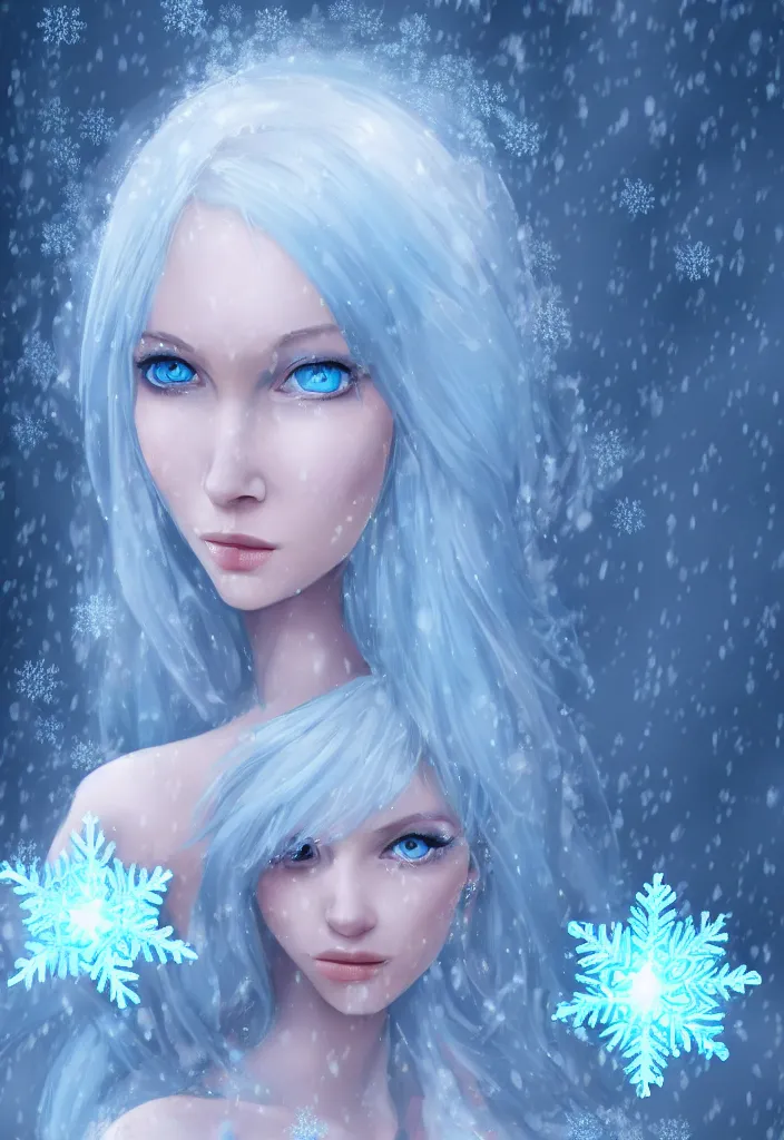 Prompt: a stunningly beautiful woman with pale blue hair wearing a dress made out of snowflake in the middle of a snowstorm. award - winning digital art, trending on artstation