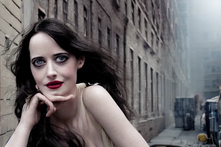 Image similar to closeup portrait Eva Green in a smoky new york back street, by Steve McCurry and David Lazar, natural light, detailed face, CANON Eos C300, ƒ1.8, 35mm, 8K, medium-format print