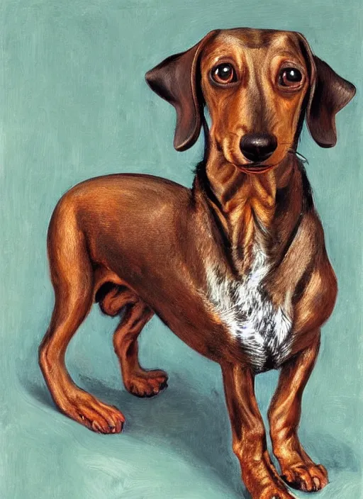 Prompt: Old dachshund, painted by Lucian Freud, very detailed, 8k