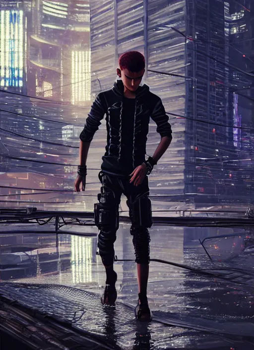 Image similar to photo of cyberpunk male teenager walking on water in the style of stefan kostic, realistic, sharp focus, 8 k high definition, insanely detailed, intricate, elegant, art by stanley lau and artgerm