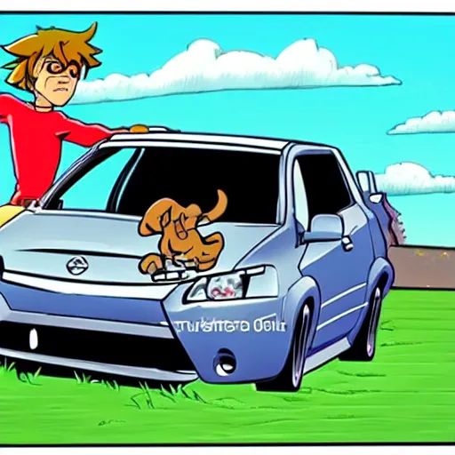 Prompt: scooby doo professionally drifting a nissan pulsar through windy roads in the hills, drawn anime style