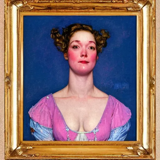 Prompt: frontal portrait of a blue and pink queen, by norman rockwell