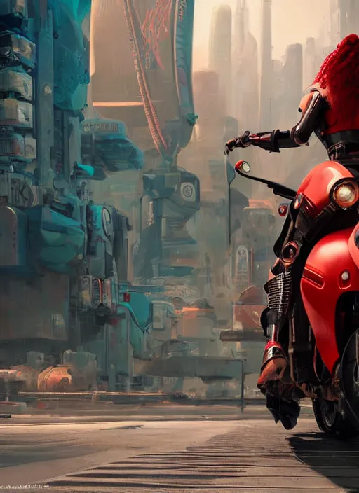 Image similar to a woman riding on the back of a red motorcycle, cyberpunk art by eddie mendoza, cgsociety contest winner, afrofuturism, rendered in unreal engine, unreal engine 5, unreal engine