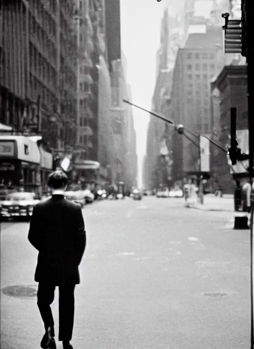 Image similar to a 35mm photograph of a man walking down the street in New York City in the 1960's, bokeh, Canon 50mm, cinematic lighting, photography, retro, film, Kodachrome