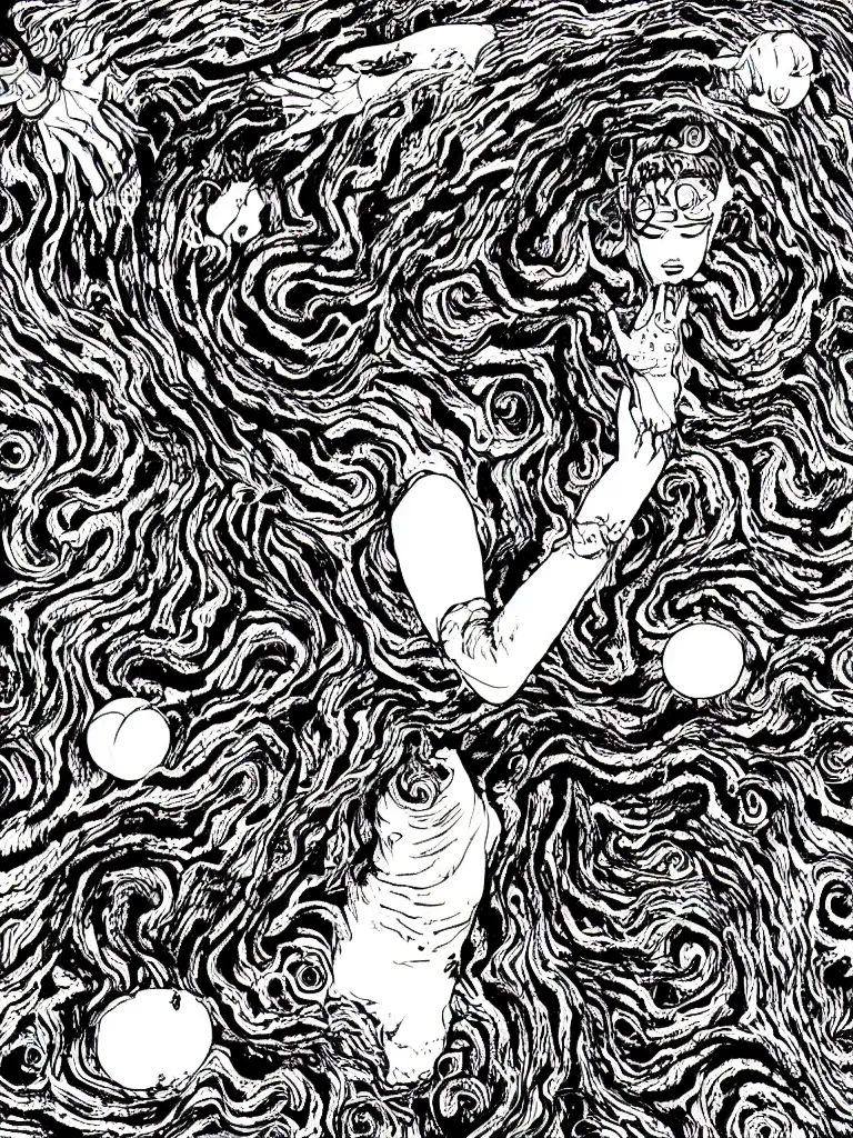 Image similar to black and white illustration creative design junji ito body horror psychedelic