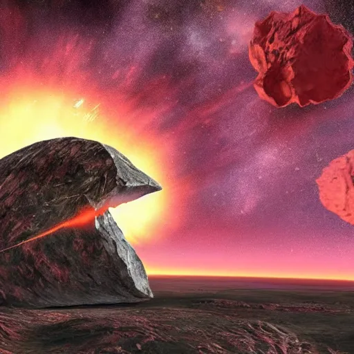 Image similar to Gigantic red-hot meteorite crashes into living planet, fantastic landscape, fantasy, hyperrealism, no blur, 4k resolution, ultra detailed-i