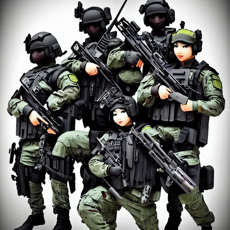 Image similar to kawaii swat team, colorful, fashion, award winning photography, highly detailed, realistic