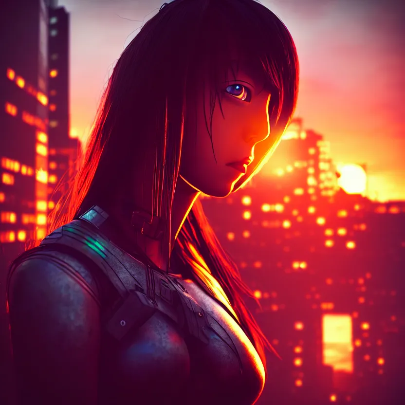 Image similar to a photo close up cyberpunk cyborg girl stands in a cyberpunk hiroshima, prefecture streets, sunset, photorealistic, cinematic lighting, very detailed, style by tomino - sama