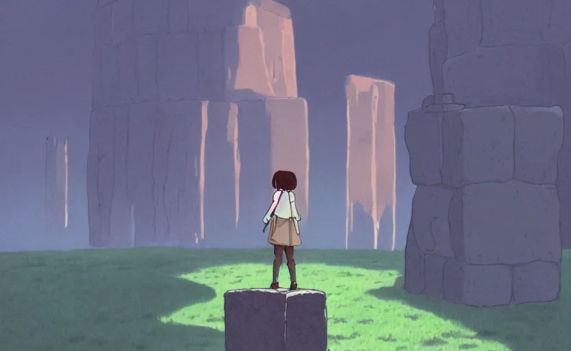 Image similar to a realistic cell - shaded studio ghibli concept art from paprika ( 2 0 0 6 ) of a flying multi - colored cube android from close encounters of the third kind ( 1 9 7 7 ) in a flooded monument valley stonehenge jungle on a misty starry night. very dull colors, wide shot, hd, 4 k, hq