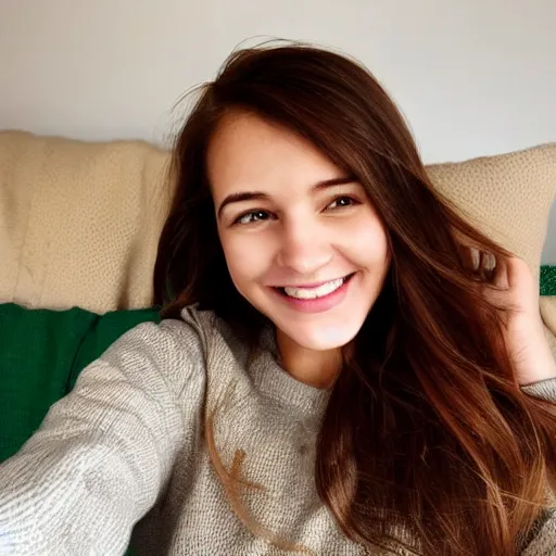 Prompt: Selfie photograph of a cute young woman smiling, long shiny bronze brown hair, full round face, emerald green eyes, medium skin tone, light cute freckles, smiling softly, wearing casual clothing, relaxing on a modern couch, interior lighting, cozy living room background, close-up shot, instagram