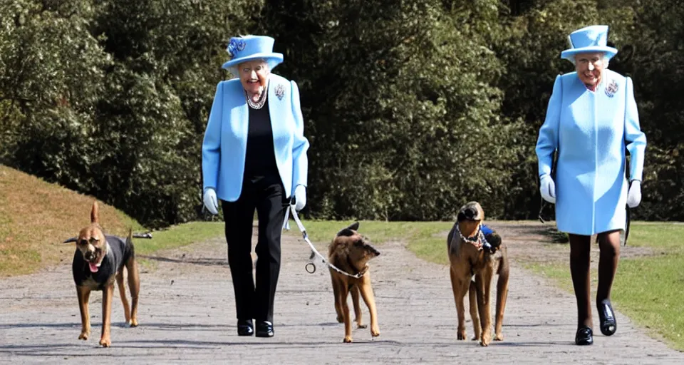 Image similar to the queen wearing a dog collar walking her dogs