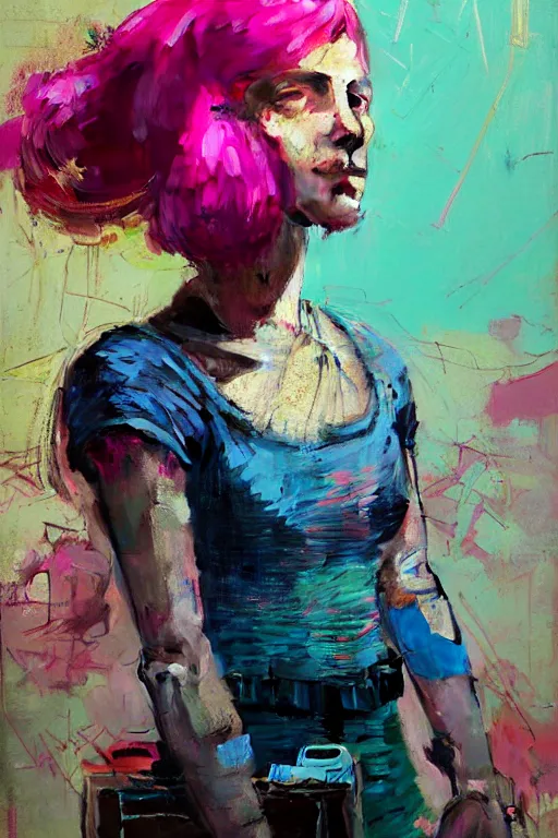Image similar to portrait of a beautiful postacoliptic girl that has lived trough war and has seen death, in the colors hot pink and cyan, beautiful face, rule of thirds, complex outfit, with gadgets and guns build from scrap and junk metal, spotlight, by greg rutkowski, by jeremy mann, by francoise nielly, by van gogh, digital painting