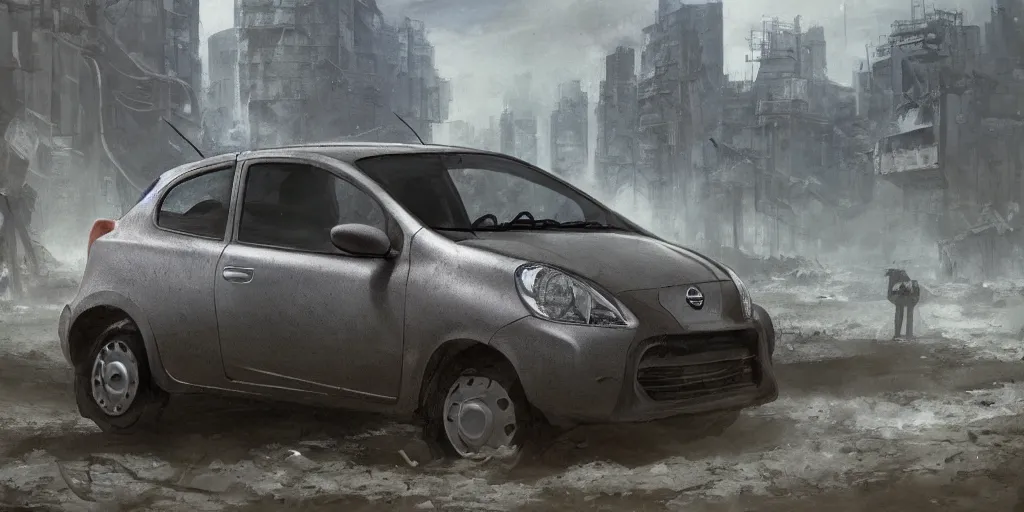 Prompt: a 2010 grey Nissan Micra in a post-apocalyptic environment, trending on ArtStation, painted by Ted Nasmith, environmental, overgrowth