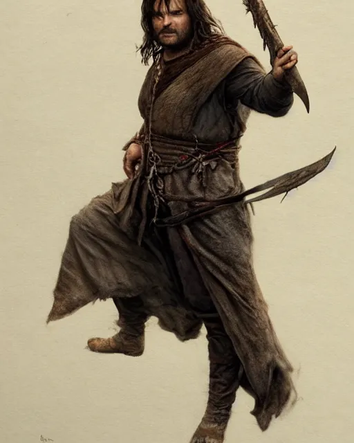 Prompt: jack black as Aragorn by Alan Lee, sunset, concept art, detailed clothing, art station, matte painting