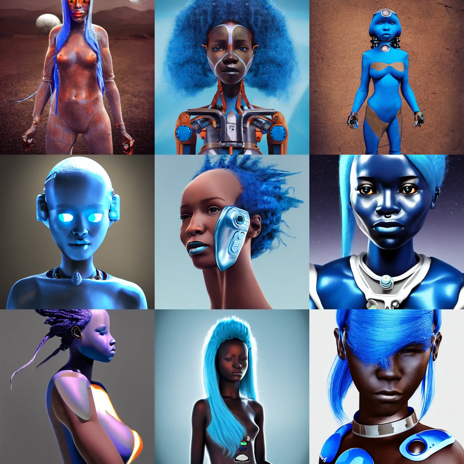 Prompt: beautiful futuristic himba astronaut woman, robotic arms, blue hair, weightless, hyperrealistic, scifi, concept art, photograph