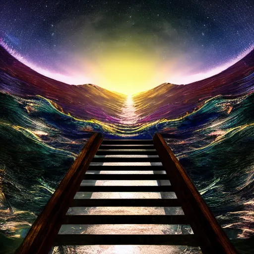 Image similar to a stairway of cosmic water flowing, fantasy, dusk, starry sky, hd, fantasy, 4 k