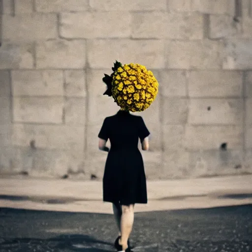 Prompt: giant flower head, woman walking in paris, surreal photography, symmetry, flat space, fanciful, stark colours, detailed, wes anderson