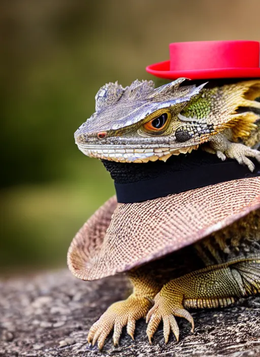 Image similar to dslr portrait still of a bearded dragon wearing a tophat, 8 k 8 5 mm f 1. 4