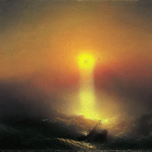 Image similar to tornado on the river, top view, sunset, by ivan aivazovsky,