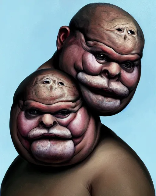 Image similar to Two-headed portrait Painting of a chubby fat EXTRATERRESTRIAL creature with big bulging eyes, white milky eyes, eyeballs, two heads, flabby skin, excess skin hanging from cheeks, straw-like beard growing from face, disgusting, creepy, unsettling, horror, upper body, intricate, wild, highly detailed, digital painting, artstation, concept art, smooth, sharp focus, illustration, art by artgerm and greg rutkowski and alphonse mucha