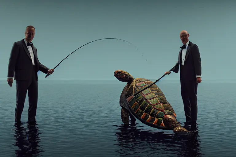 Image similar to hyperrealism photography simulation highly detailed human turtles'wearing detailed tuxedos and smoking, fishing in hyperrealism scene from cyberpunk movie from future by wes anderson and denis villeneuve and mike winkelmann rendered in blender and octane render