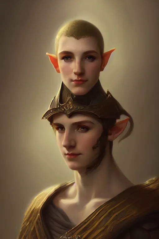 Image similar to a portrait of male Elf, illustration, soft lighting, soft details, painting oil on canvas by Edmund Blair Leighton and Charlie Bowater octane render trending on artstation d&d characters, 4k, 8k, HD