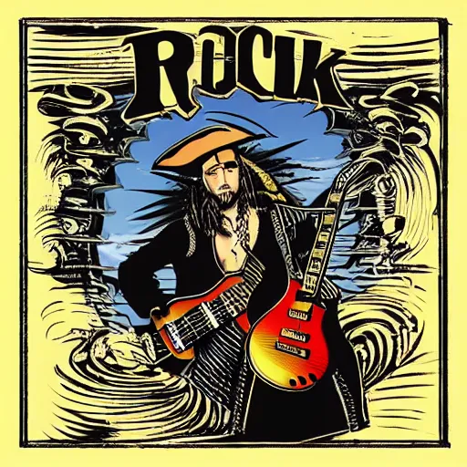 Image similar to rock album cover of a pirate playing an electric guitar onboard his ship