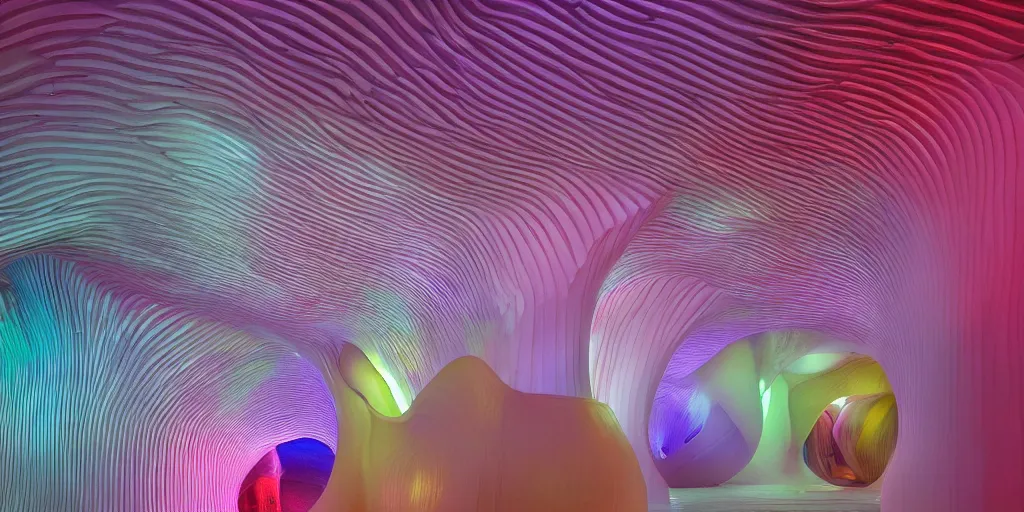 Image similar to extremely detailed awe stunning beautiful futuristic smooth curvilinear museum interior, translucent gills, hyper real, 8k, colorful, 3D cinematic volumetric light, atmospheric light