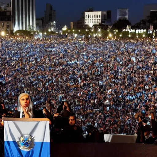 Image similar to Lady Gaga as president, Argentina presidential rally, Argentine flags behind, bokeh, giving a speech, detailed face, Argentina