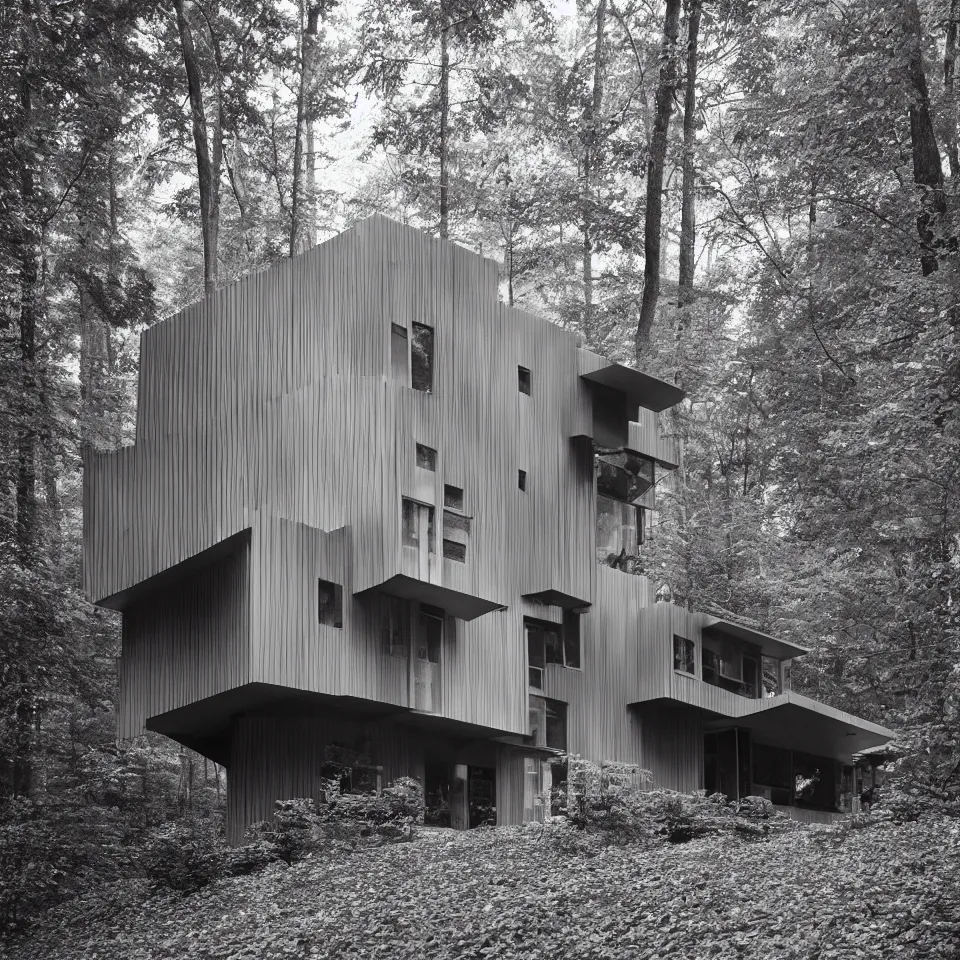 Prompt: architecture ad for a mid-century modern house in the middle of the forest, designed by Frank Gehry. Film grain, cinematic, grayscale, yellow hue