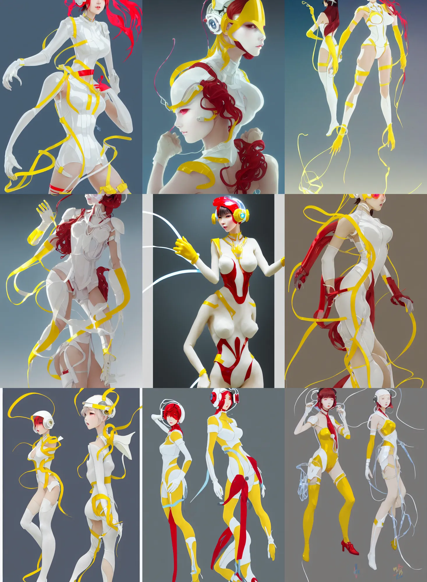 Image similar to a full body character design by loish, hong soonsang, tooth wu, zeen chin, wlop, makoto shinkai and alphonse mucha. white and yellow tape and red translucent plastic tape attctive showgirl!! sci - fi helmet with blue glowing eyes!! sharp edges. contour light!! ultra detailed, elegant, intricate, octane render.