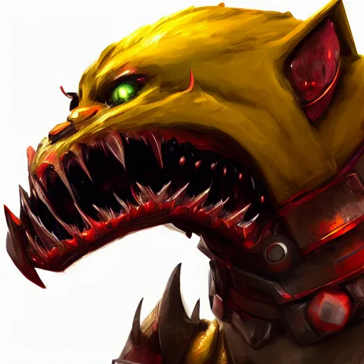 Prompt: digital drawing of a yellow monster dog with iron armor and fangs protruding from its snout, concept art, hyper detailed, global light, painted, yellow and red, low contrast, lowlights, hdr 8 k, by artgerm