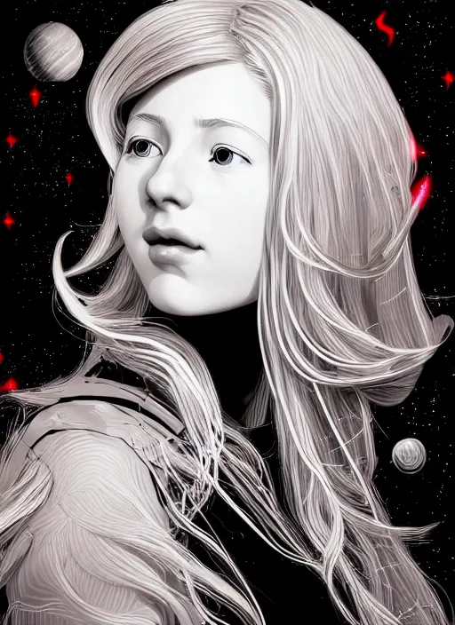 Prompt: highly detailed portrait of a hopeful pretty astronaut lady with a wavy blonde hair, by Irma Stern, 4k resolution, nier:automata inspired, bravely default inspired, vibrant but dreary but upflifting red, black and white color scheme!!! ((Space nebula background))