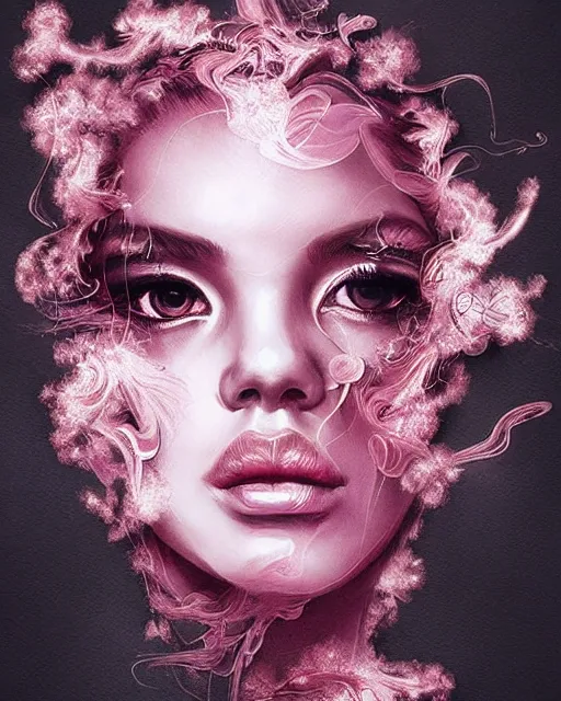 Prompt: pink gold smoke ink portrait, obsidian flower bloom intricate grunge art by artgerm ross tran