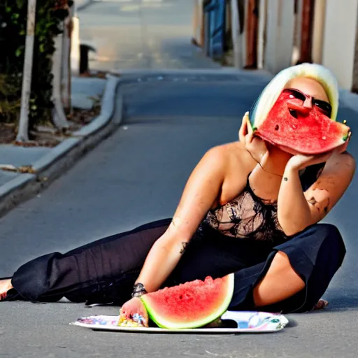 Image similar to lady gaga eating watermelon sitting on the street, lots of flies flying around