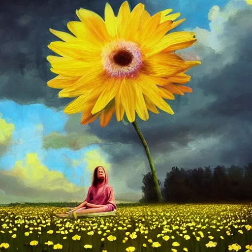 Image similar to giant daisies flower as head, girl sitting in a flower field, surreal photography, sunrise, dramatic light, impressionist painting, colorful clouds, digital painting, artstation, simon stalenhag