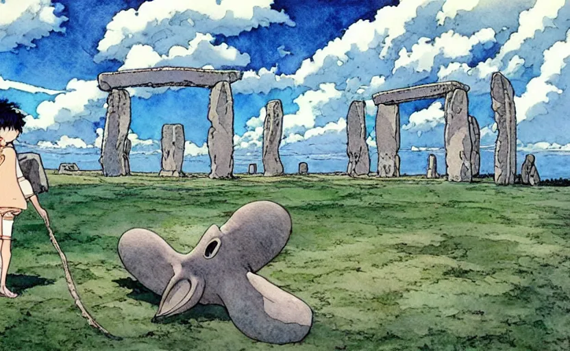 Prompt: a hyperrealist studio ghibli watercolor fantasy concept art. in the foreground is a giant grey octopus lifting a stone. in the background is stonehenge. by rebecca guay, michael kaluta, charles vess