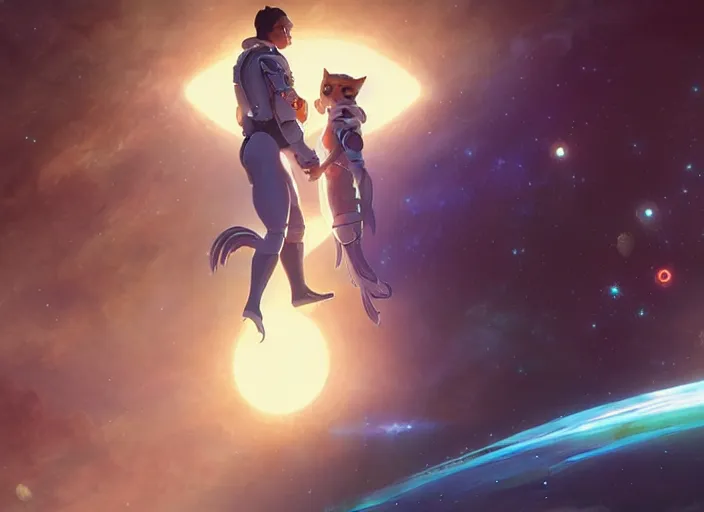 Image similar to a space handsome gay guy and his pet space cat staring role in a musical sci - fi space opera ghibli animated film, volumetric lighting, octane render by stanley artgerm lau, greg rutkowski, thomas kindkade, alphonse mucha, loish, norman rockwel, 8 k greg rutkowski