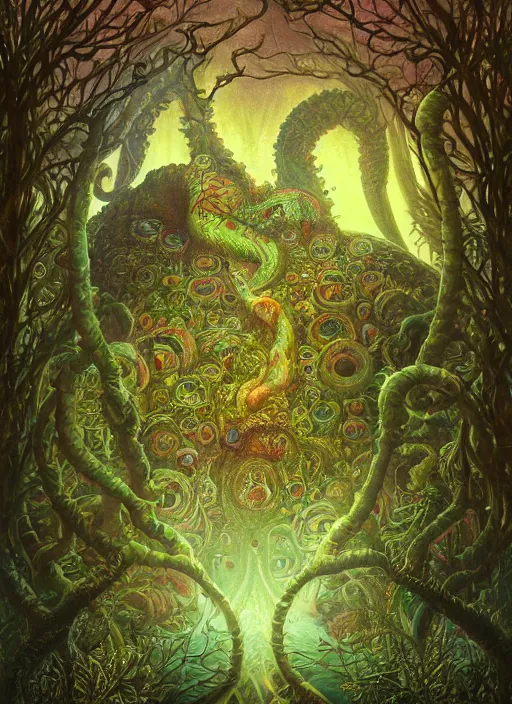 Image similar to lsd hippie poster art lovecraft horror machine glowing reptile eyes, plants and trees, elegant, highly detailed, centered, digital painting, artstation, concept art, smooth, sharp focus, illustration, artgerm, tomasz alen kopera, peter mohrbacher, donato giancola, joseph christian leyendecker, wlop, frank frazetta