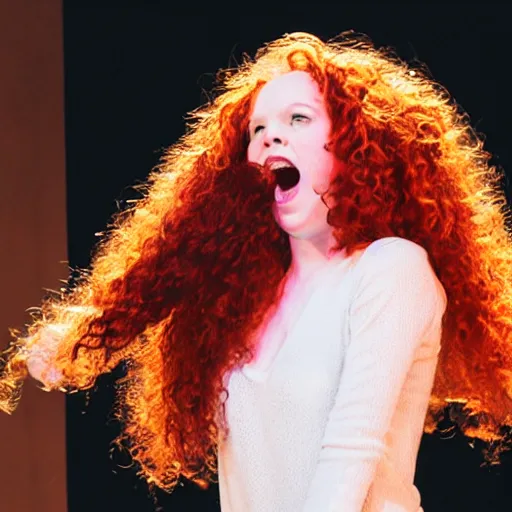 Image similar to a beautiful girl with long curly red hair on a singing on broadway stage