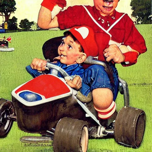 Image similar to a Norman Rockwell painting of a boy driving his go-kart with mario