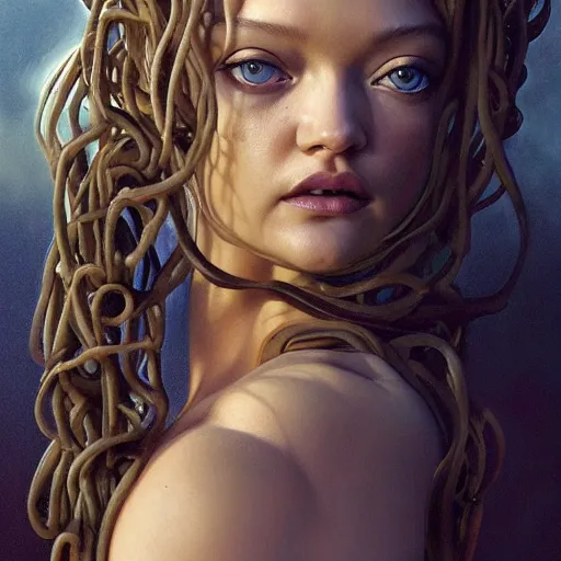 Image similar to Gemma Ward Supermodel as Medusa, snakes for hair, olive skin, long dark hair, beautiful bone structure, intricate, elegant, highly detailed, digital painting, artstation, concept art, smooth, sharp focus, illustration, art by artgerm and greg rutkowski and alphonse mucha and Chris Achilleos