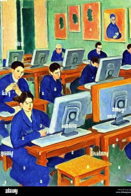Prompt: oil painting highly detailed computer workers in office painted by henri matisse, impressionism