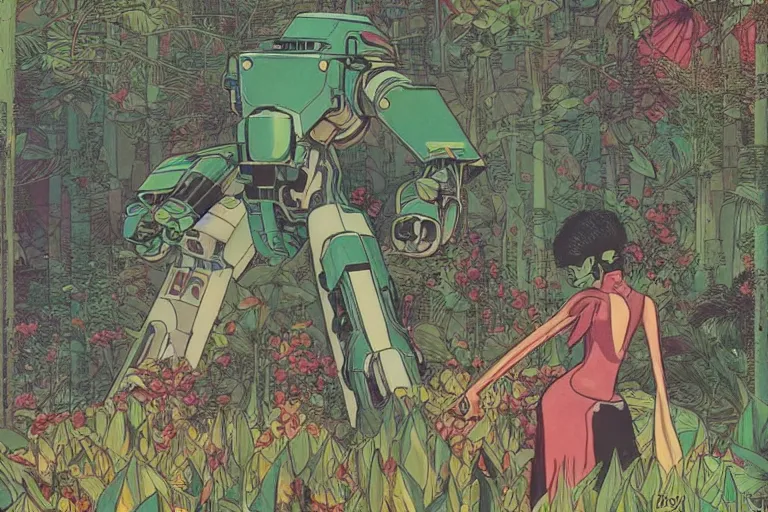 Image similar to gigantic man head, a lot of exotic vegetation around, trees, tremendous mecha robot, flowers, risograph!, oldschool vintage sci - fi flat surreal design, super - detailed, painting by moebius and satoshi kon and jodorowski