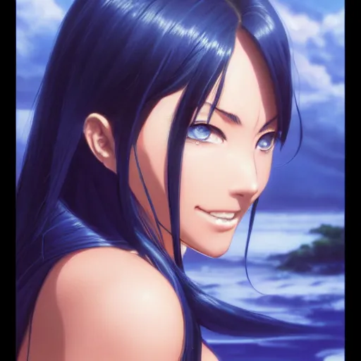 Image similar to highly detailed vfx portrait of nico robin by eiichiro oda!, makoto shinkai, sharp focus, art by artgerm and greg rutkowski!, backlit, harsh overhead sunlight, blue eyes!!, large aquiline nose!!, stanley kybric, kaoru mori, detailed, best of behance,